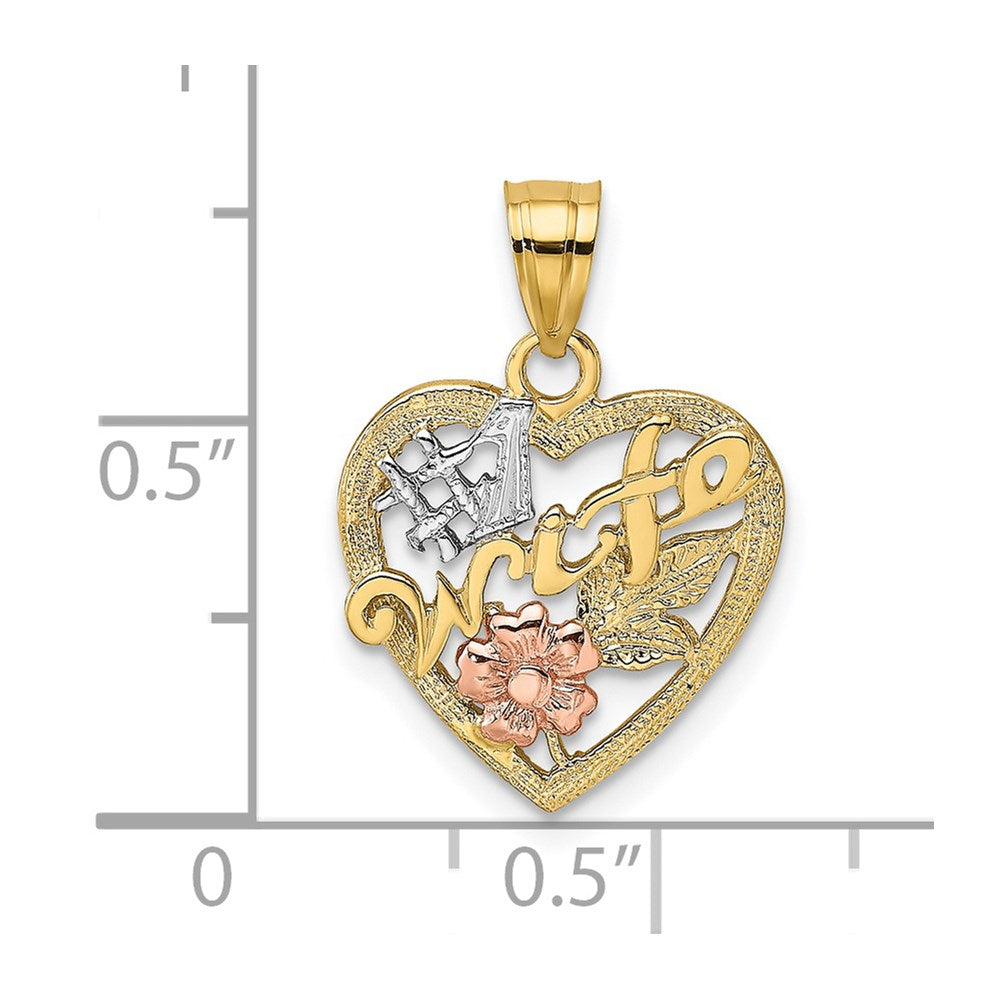 14K Two-Tone W/White Rhodium #1 Wife In Heart W/Flower Charm