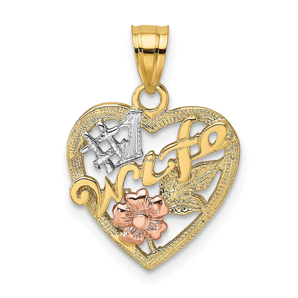14K Two-Tone W/White Rhodium #1 Wife In Heart W/Flower Charm