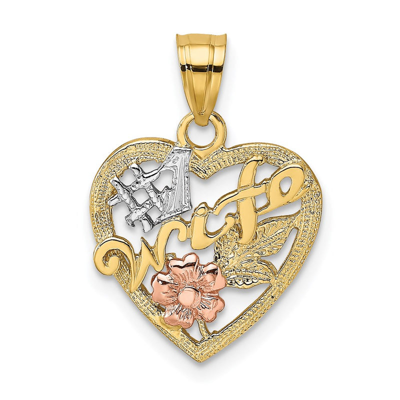 14K Two-Tone W/White Rhodium #1 Wife In Heart W/Flower Charm