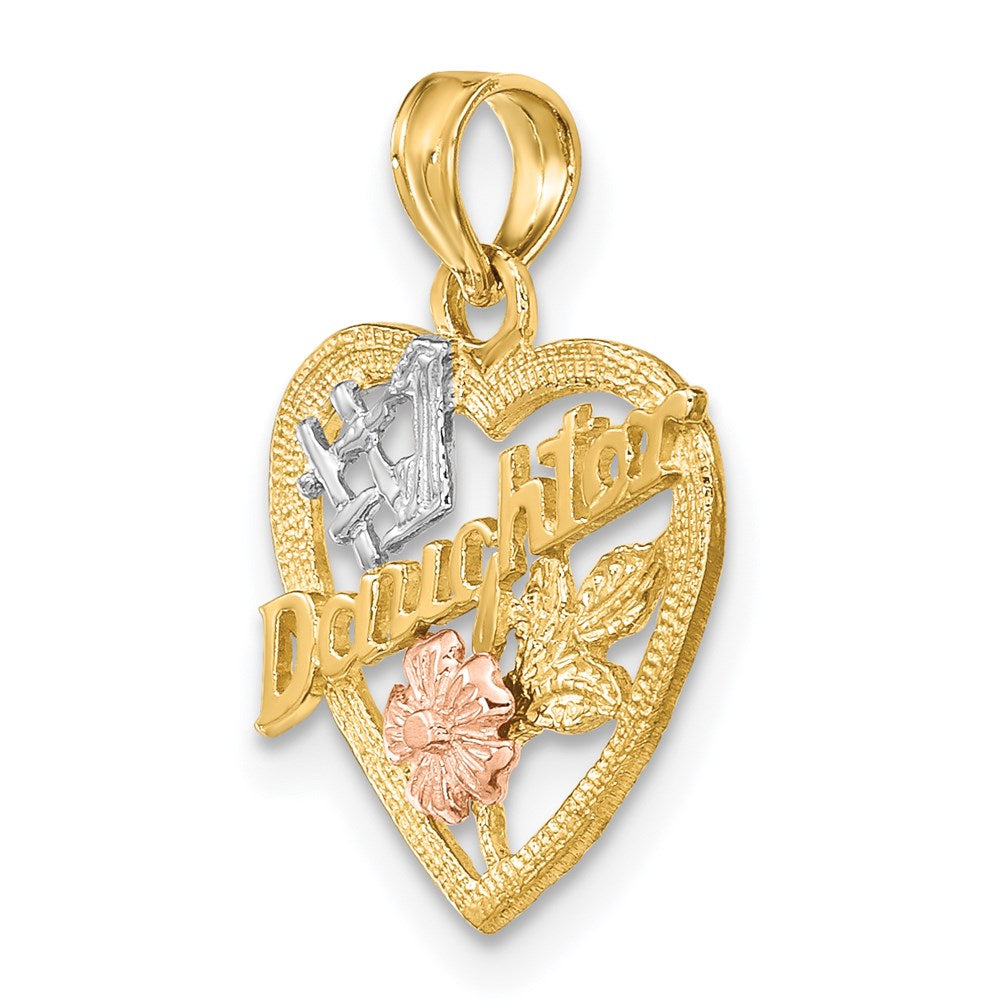 14K Two-Tone White Rhodium #1 Daughter In Heart W/Flowers Charm