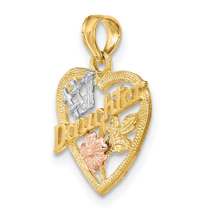 14K Two-Tone White Rhodium #1 Daughter In Heart W/Flowers Charm