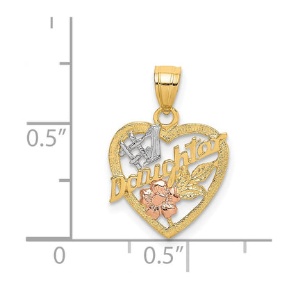 14K Two-Tone White Rhodium #1 Daughter In Heart W/Flowers Charm