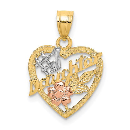 14K Two-Tone White Rhodium #1 Daughter In Heart W/Flowers Charm