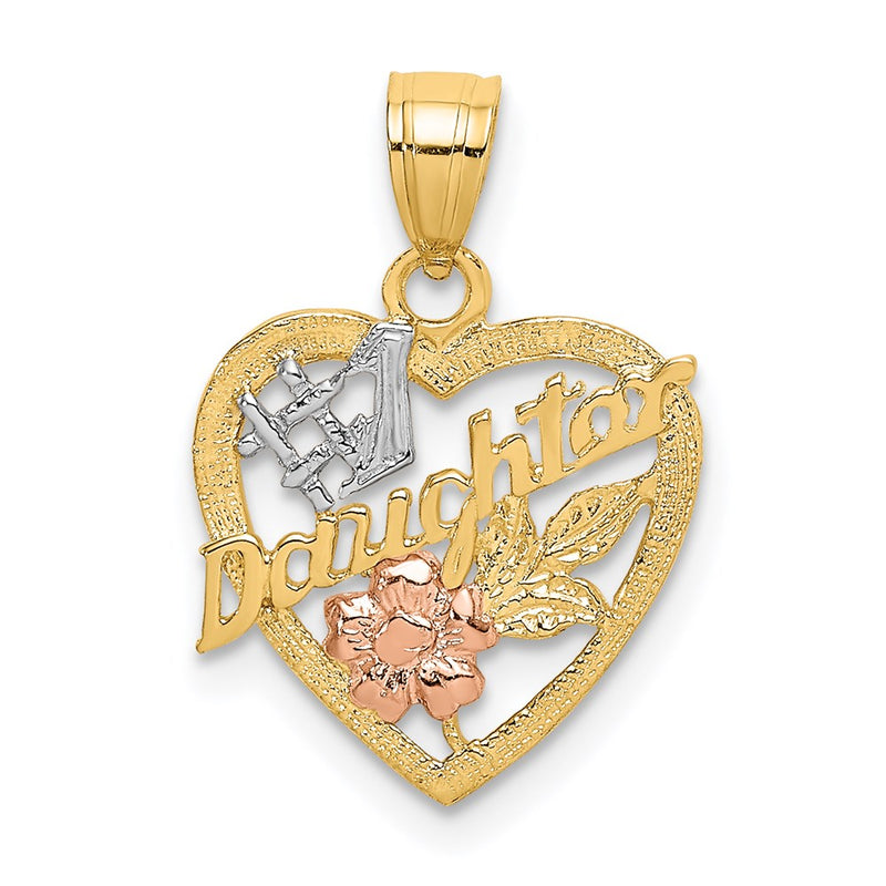 14K Two-Tone White Rhodium #1 Daughter In Heart W/Flowers Charm