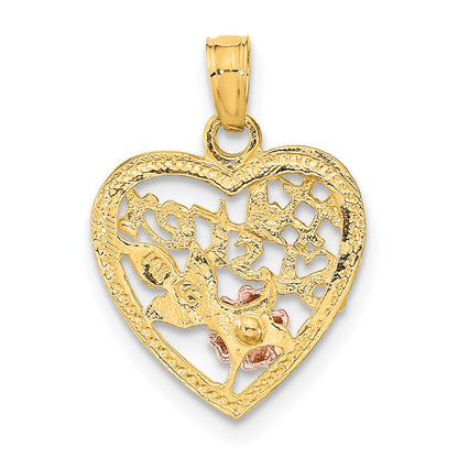 14K Two-Tone White Rhodium #1 Sister In Heart W/ Flowers Charm