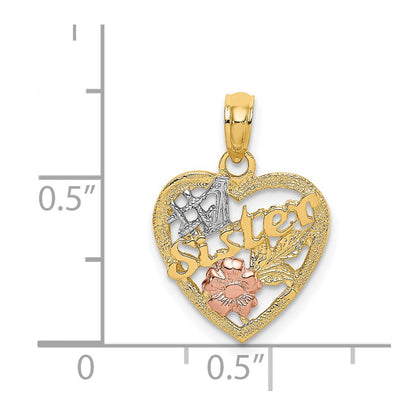 14K Two-Tone White Rhodium #1 Sister In Heart W/ Flowers Charm
