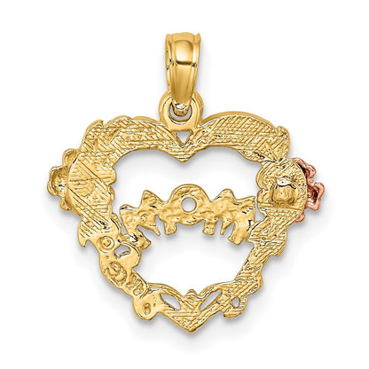 14K Two-Tone W/White Rhodium Mom Heart W/Flower Charm