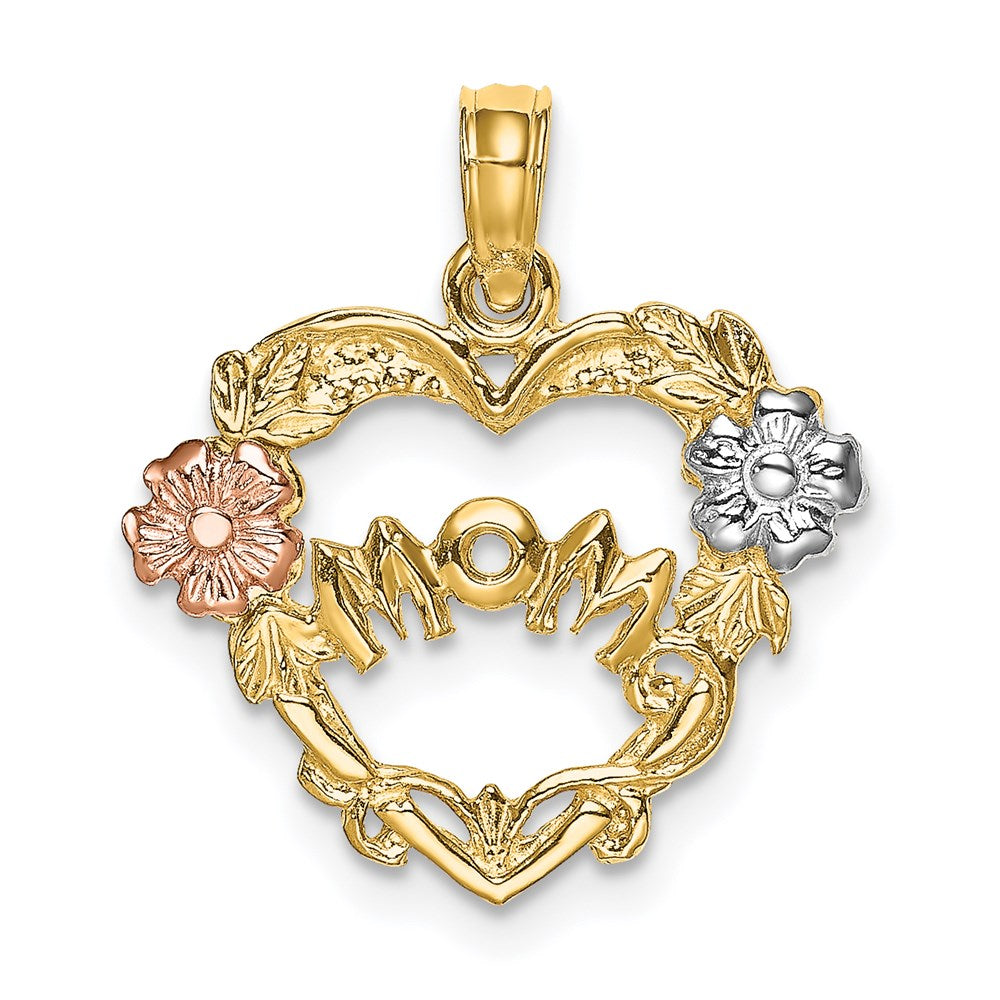 14K Two-Tone W/White Rhodium Mom Heart W/Flower Charm