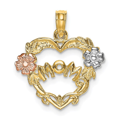 14K Two-Tone W/White Rhodium Mom Heart W/Flower Charm