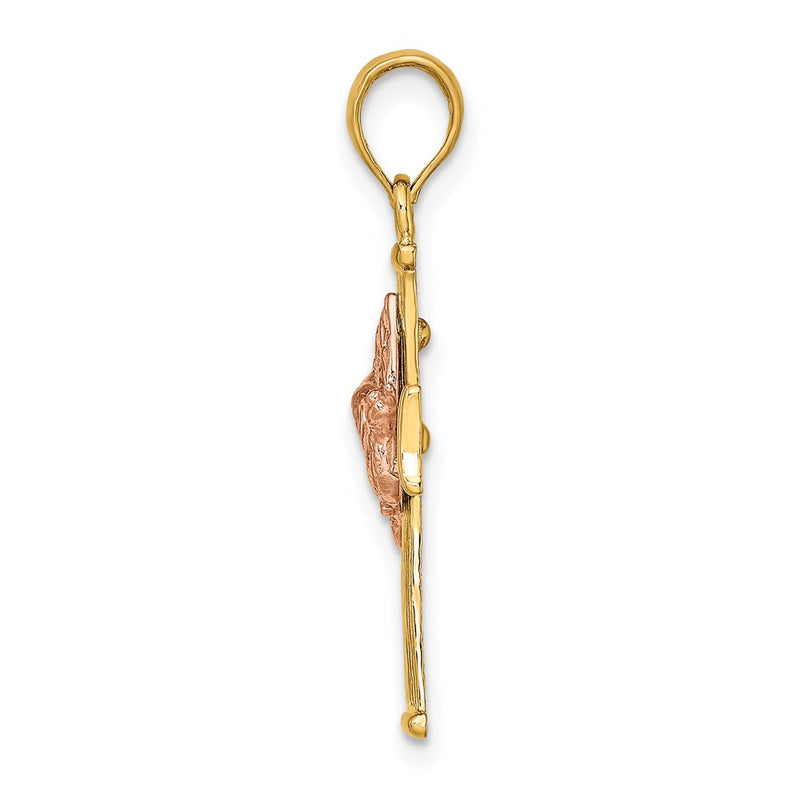 14K Two-Tone Textured Finish Cross W/ Dove Charm