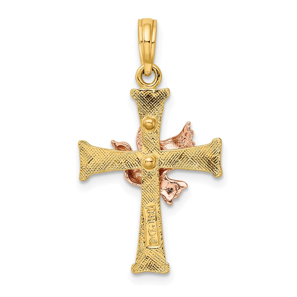 14K Two-Tone Textured Finish Cross W/ Dove Charm