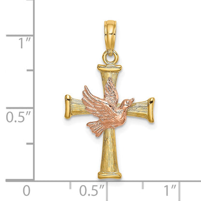 14K Two-Tone Textured Finish Cross W/ Dove Charm