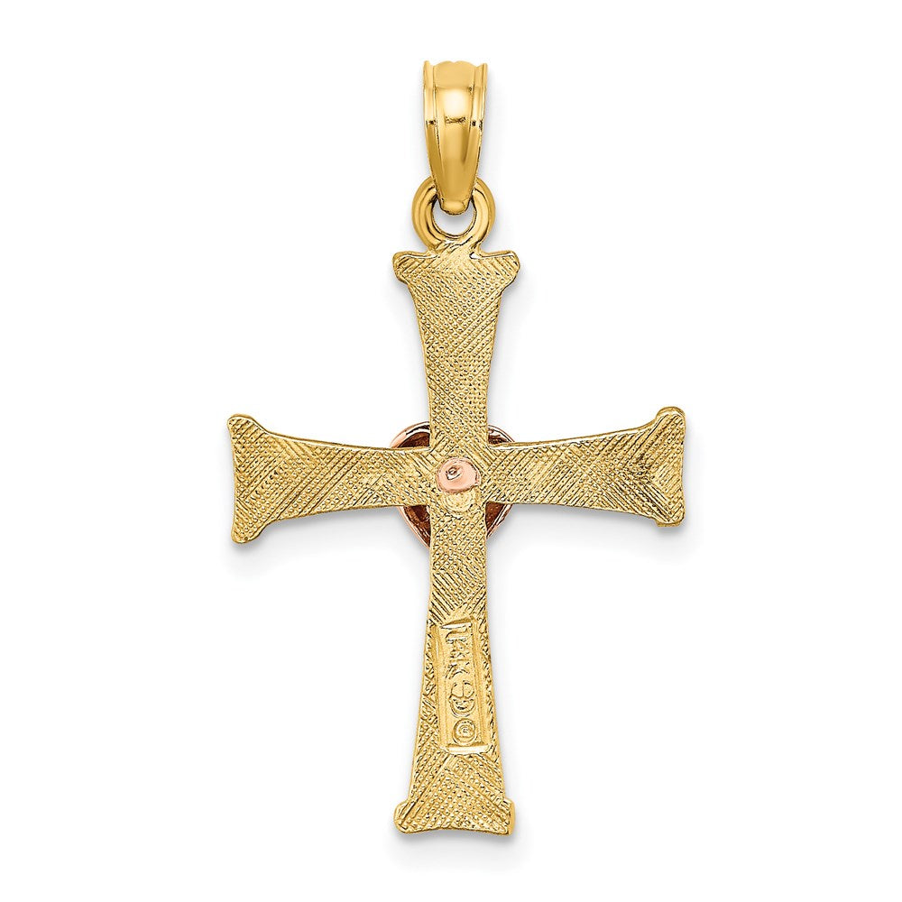 14K Two-Tone Textured Finish Cross W/ Heart Charm