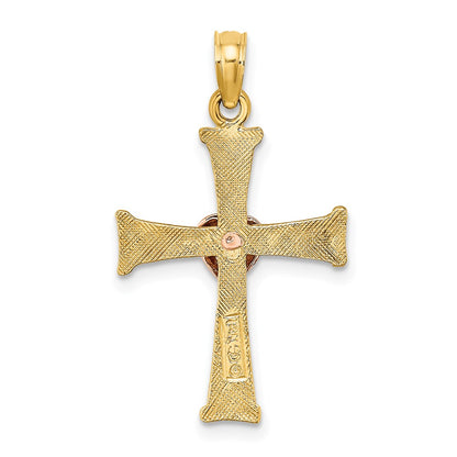 14K Two-Tone Textured Finish Cross W/ Heart Charm