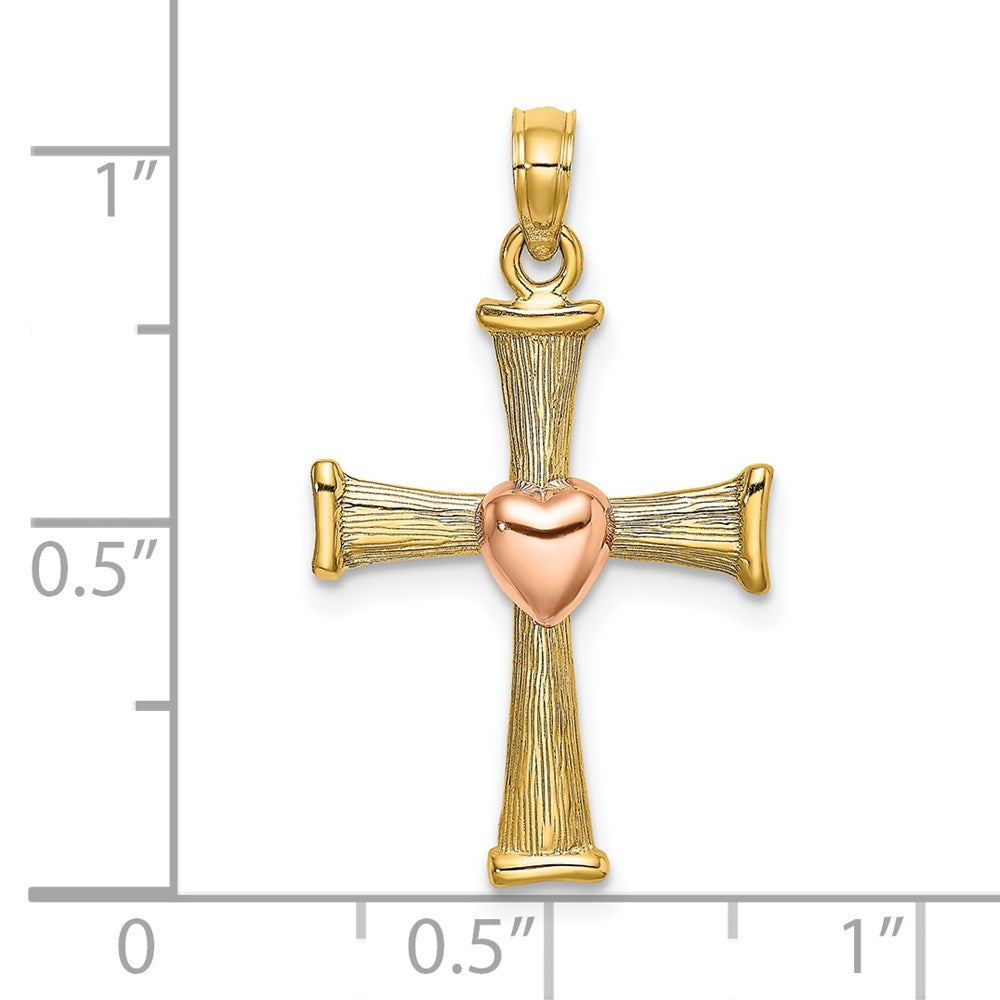 14K Two-Tone Textured Finish Cross W/ Heart Charm