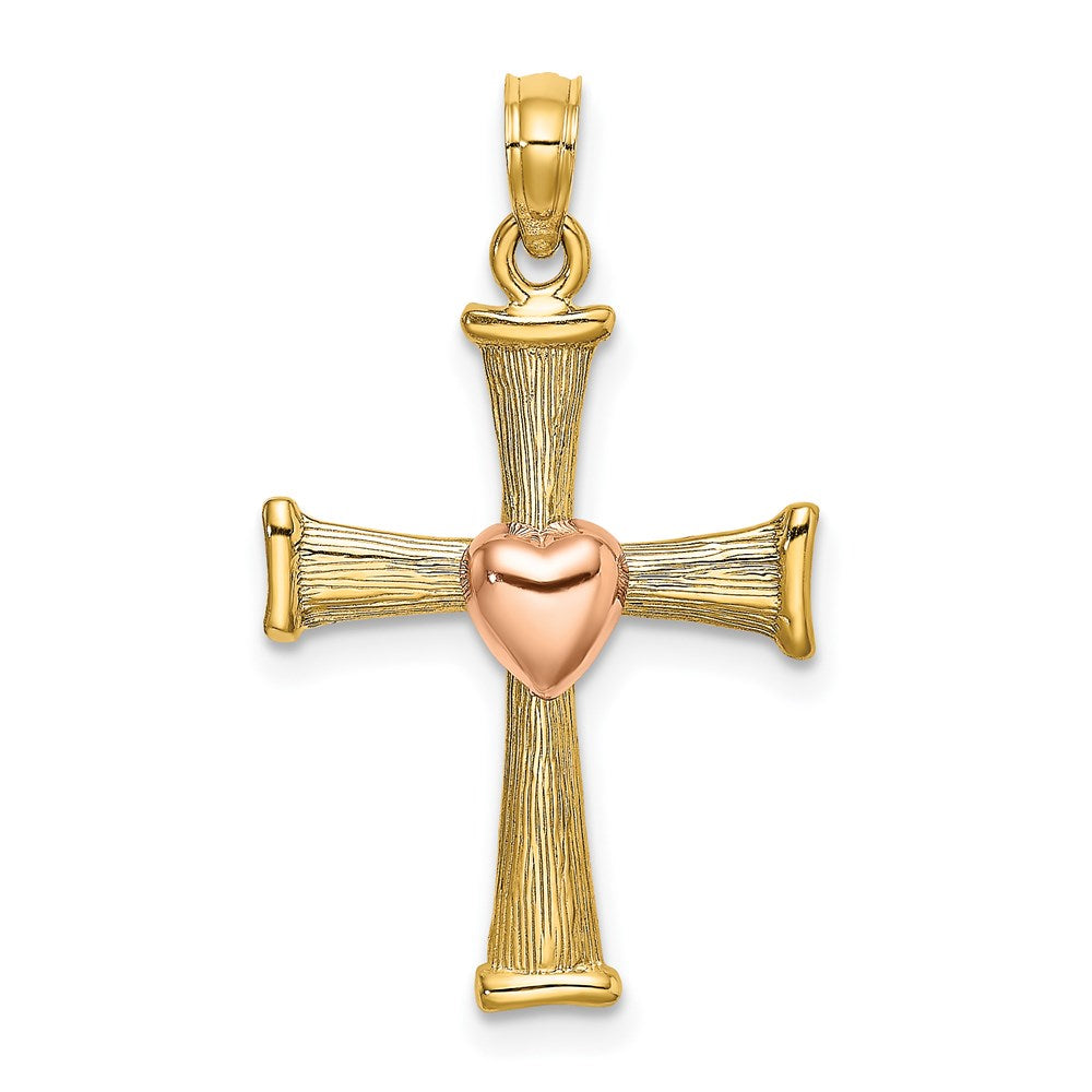14K Two-Tone Textured Finish Cross W/ Heart Charm