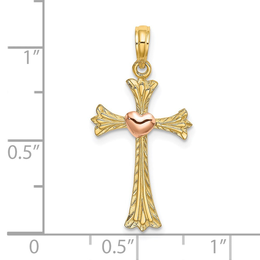 14K Two-Tone Textured Cross W/ Heart Charm
