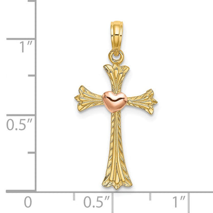 14K Two-Tone Textured Cross W/ Heart Charm