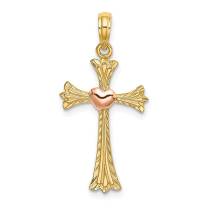 14K Two-Tone Textured Cross W/ Heart Charm