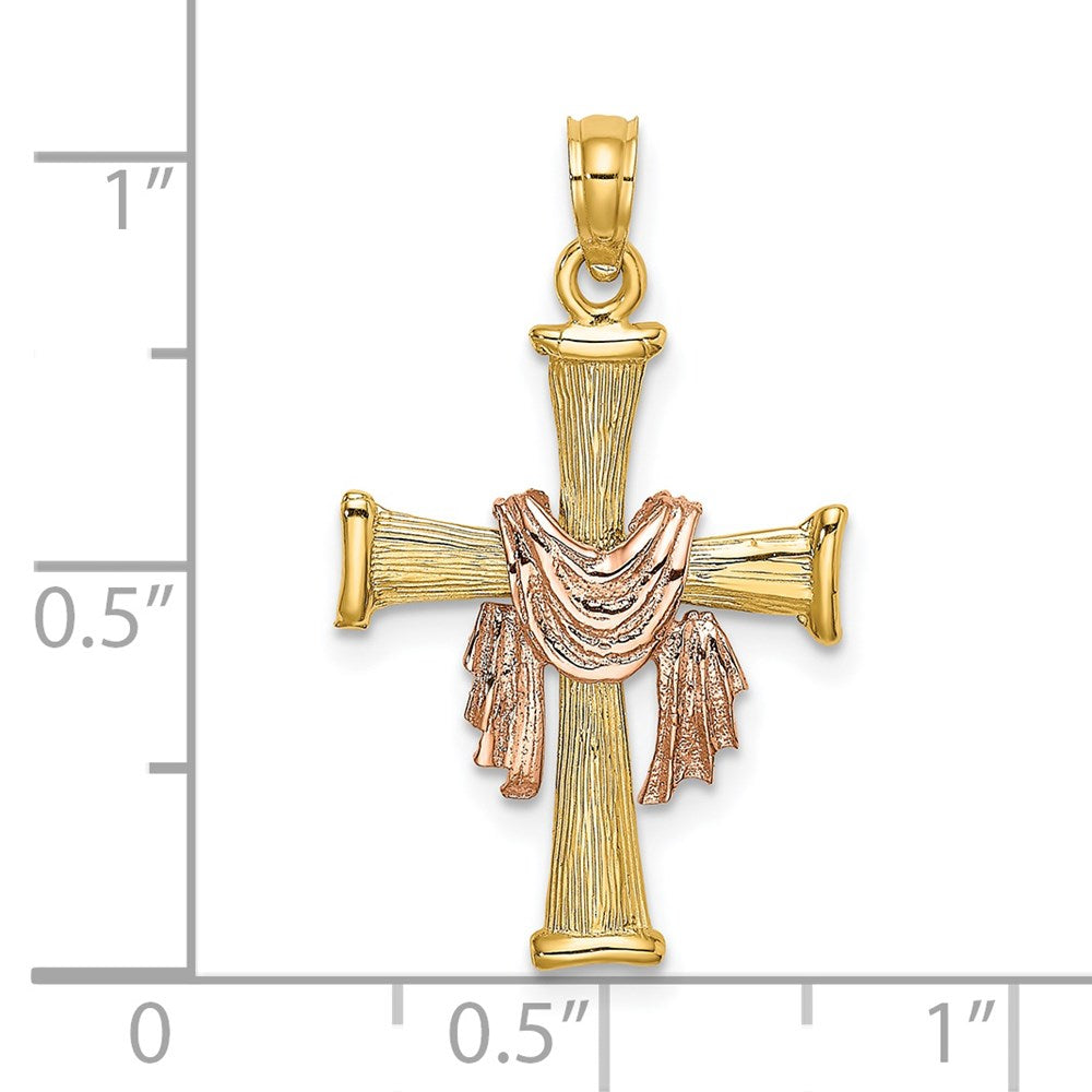 14K Two-Tone 14L Textured Finish Cross W/ Drape Charm