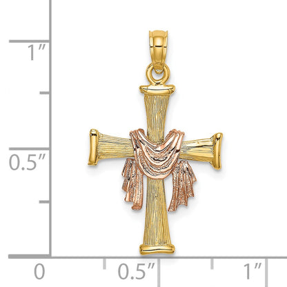 14K Two-Tone 14L Textured Finish Cross W/ Drape Charm