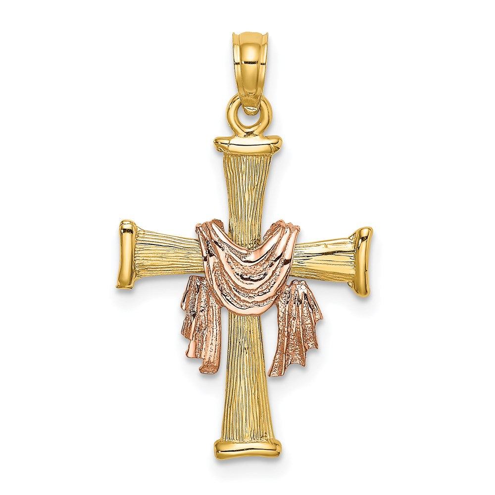 14K Two-Tone 14L Textured Finish Cross W/ Drape Charm