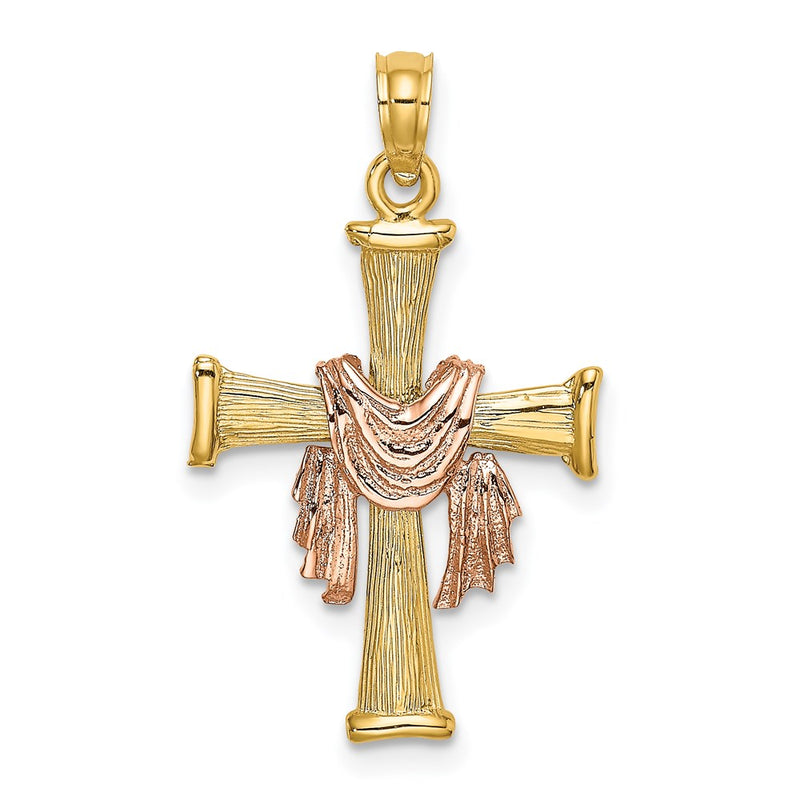 14K Two-Tone 14L Textured Finish Cross W/ Drape Charm
