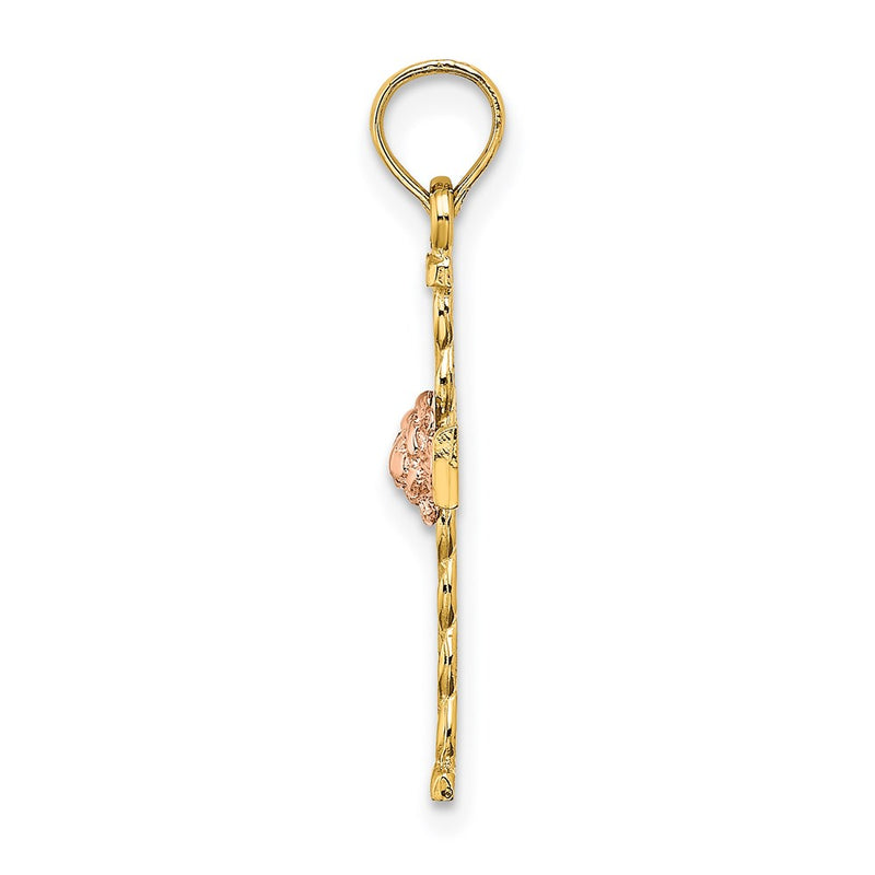 14K Two-Tone Twisted Cross W/ Flower Charm