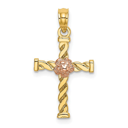 14K Two-Tone Twisted Cross W/ Flower Charm