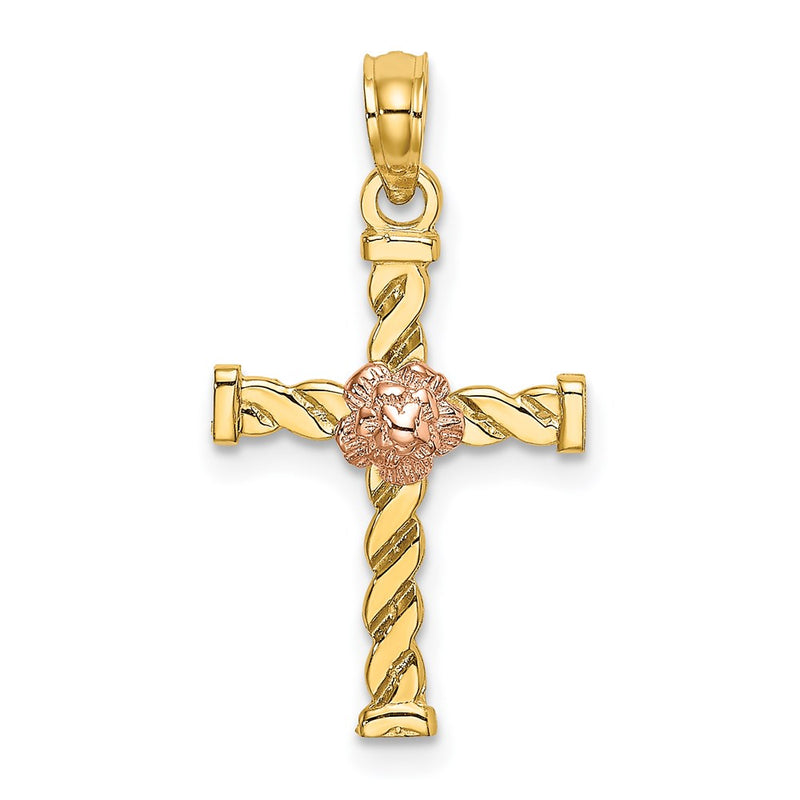 14K Two-Tone Twisted Cross W/ Flower Charm