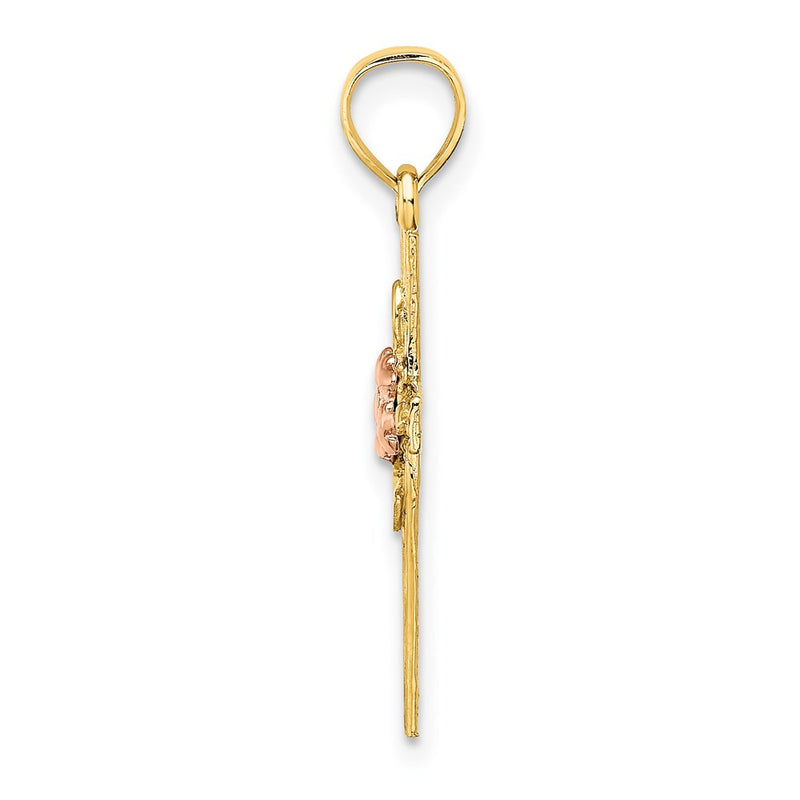14K Two-Tone Textured Cross W/ Flower Charm