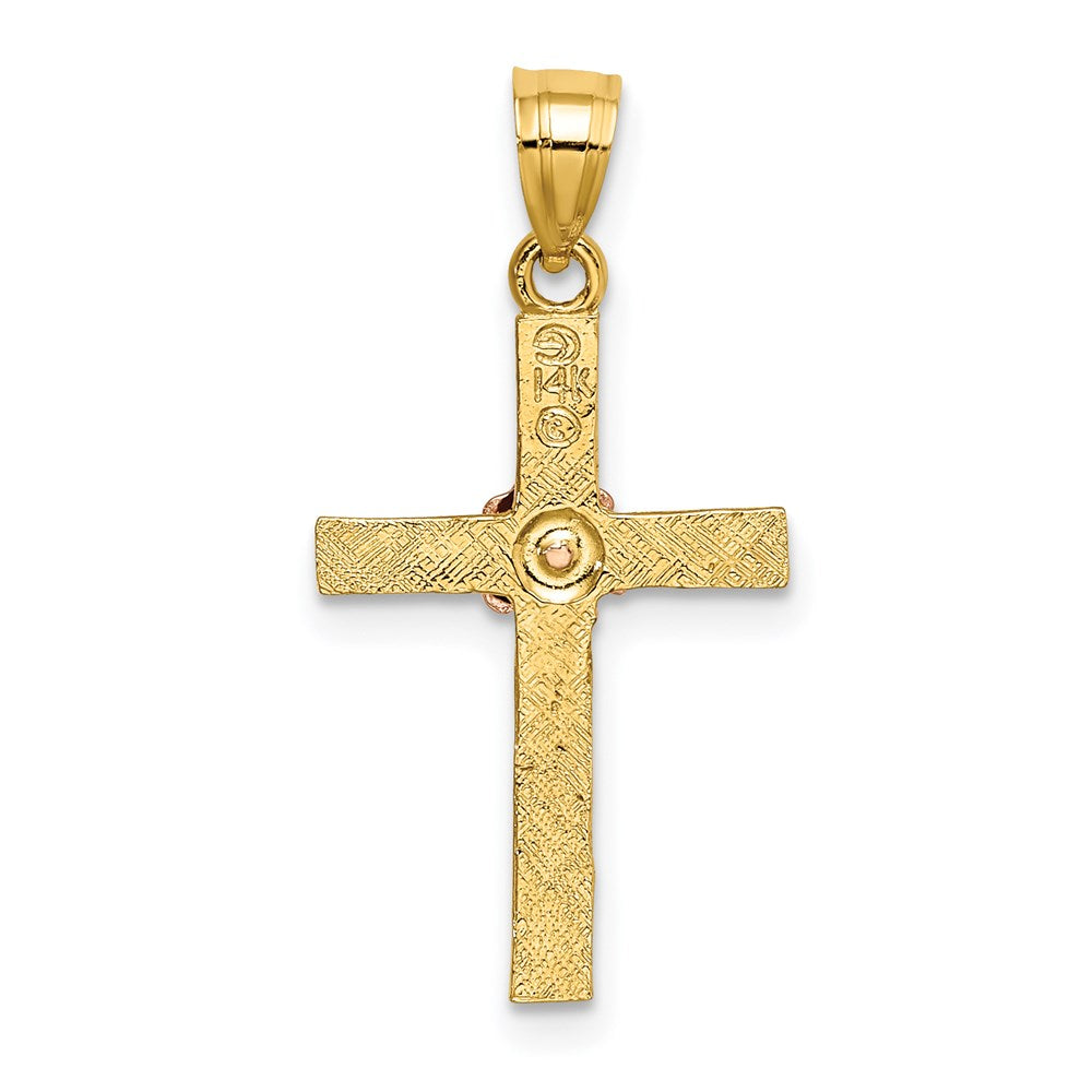 14K Two-Tone Textured Cross W/ Flower Charm