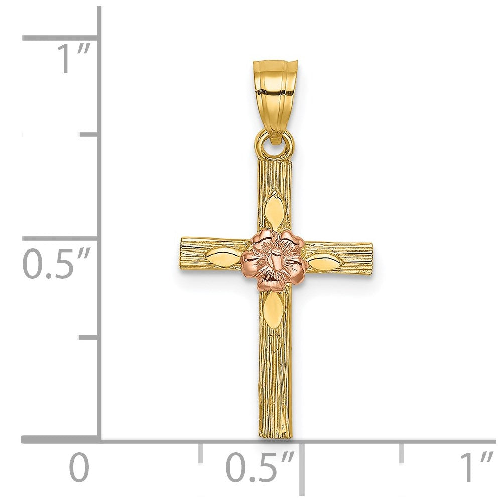 14K Two-Tone Textured Cross W/ Flower Charm