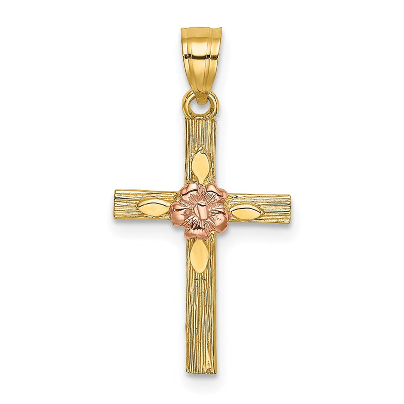 14K Two-Tone Textured Cross W/ Flower Charm