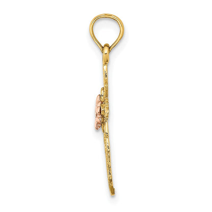 14K Two-Tone Cut-Out Cross W/ Flower Charm