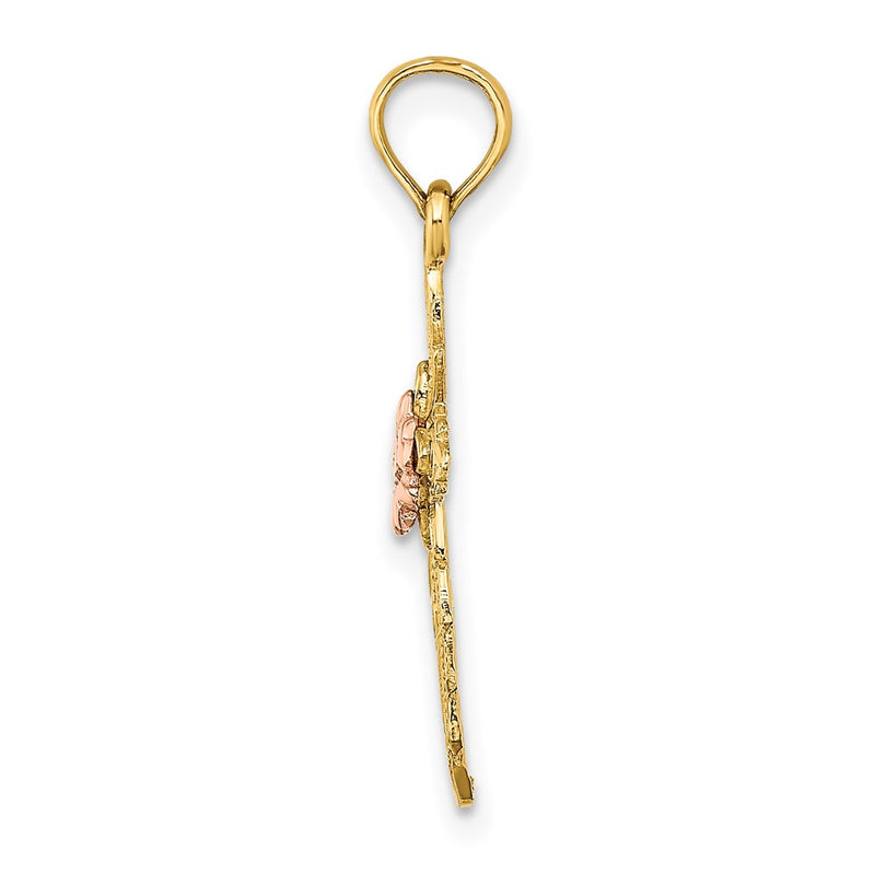 14K Two-Tone Cut-Out Cross W/ Flower Charm