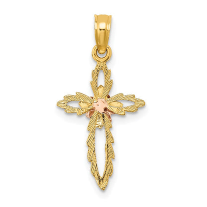 14K Two-Tone Cut-Out Cross W/ Flower Charm