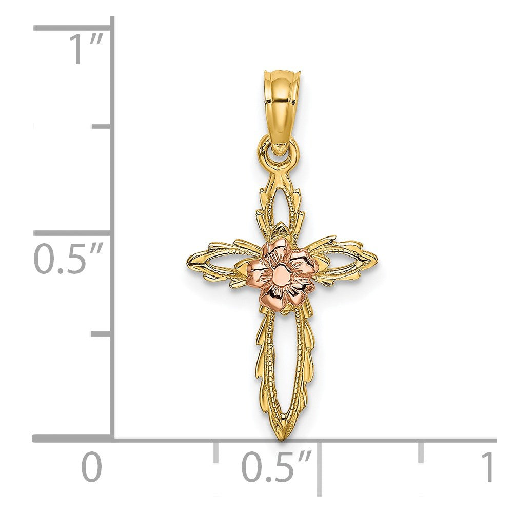 14K Two-Tone Cut-Out Cross W/ Flower Charm
