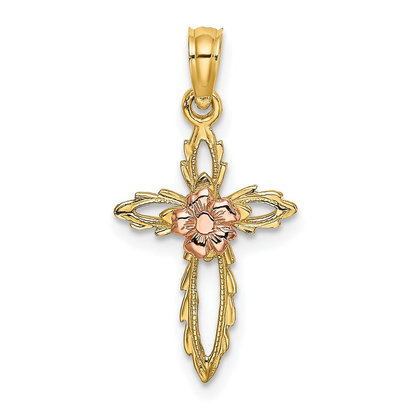 14K Two-Tone Cut-Out Cross W/ Flower Charm