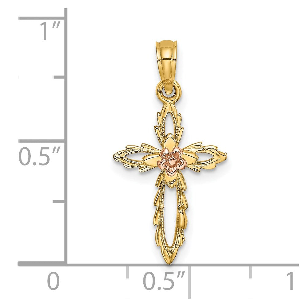 14K Two-Tone Cross W/ Cut-Out Flower Charm