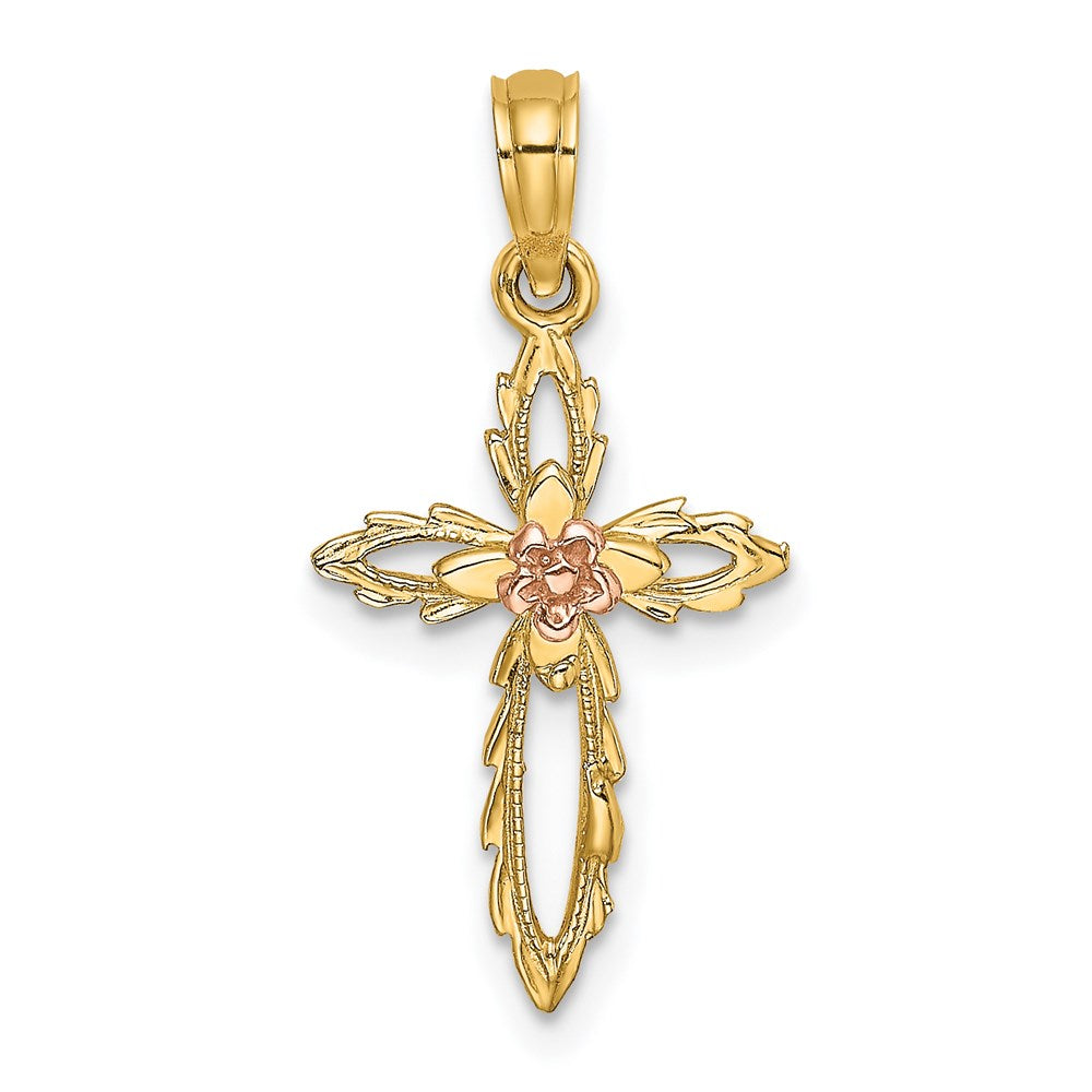 14K Two-Tone Cross W/ Cut-Out Flower Charm