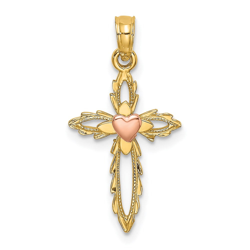 14K Two-Tone Cross W/ Heart Charm