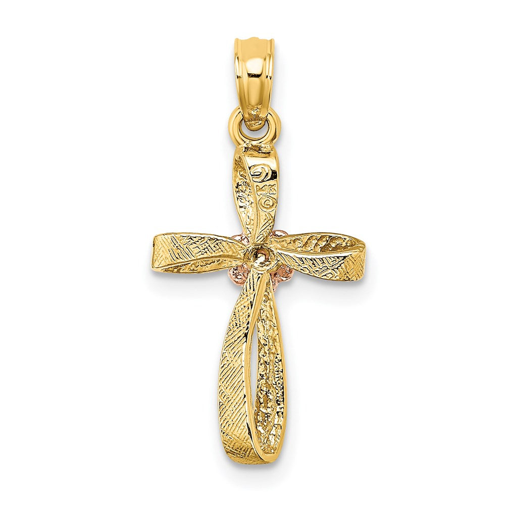 14K Two-Tone Twisted Cross W/ Heart Charm