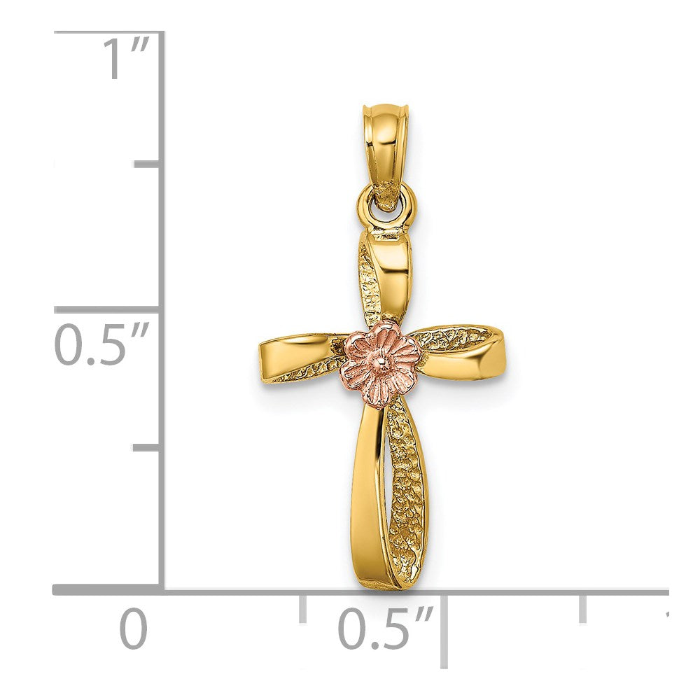 14K Two-Tone Twisted Cross W/ Heart Charm