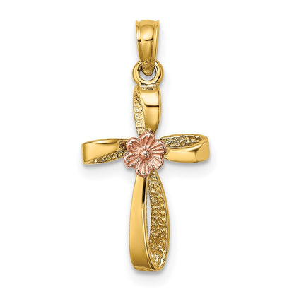 14K Two-Tone Twisted Cross W/ Heart Charm