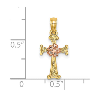 14K Two-Tone Cross W/ Flower Charm