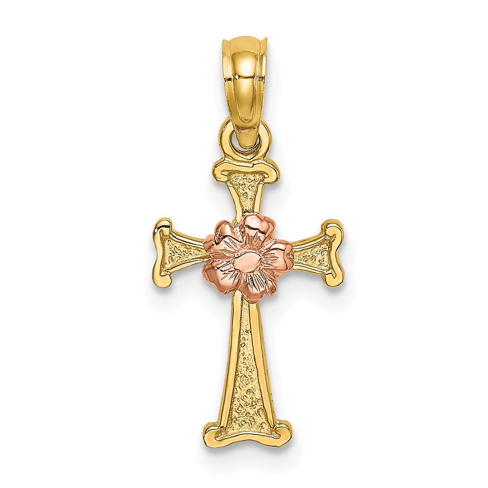 14K Two-Tone Cross W/ Flower Charm
