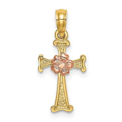 14K Two-Tone Cross W/ Flower Charm