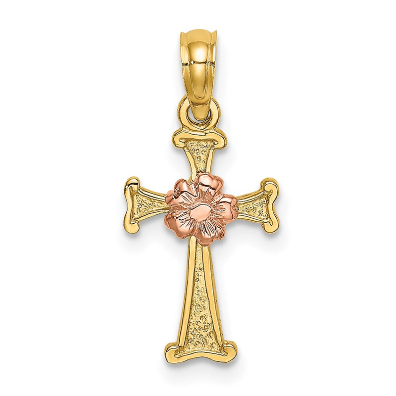 14K Two-Tone Cross W/ Flower Charm