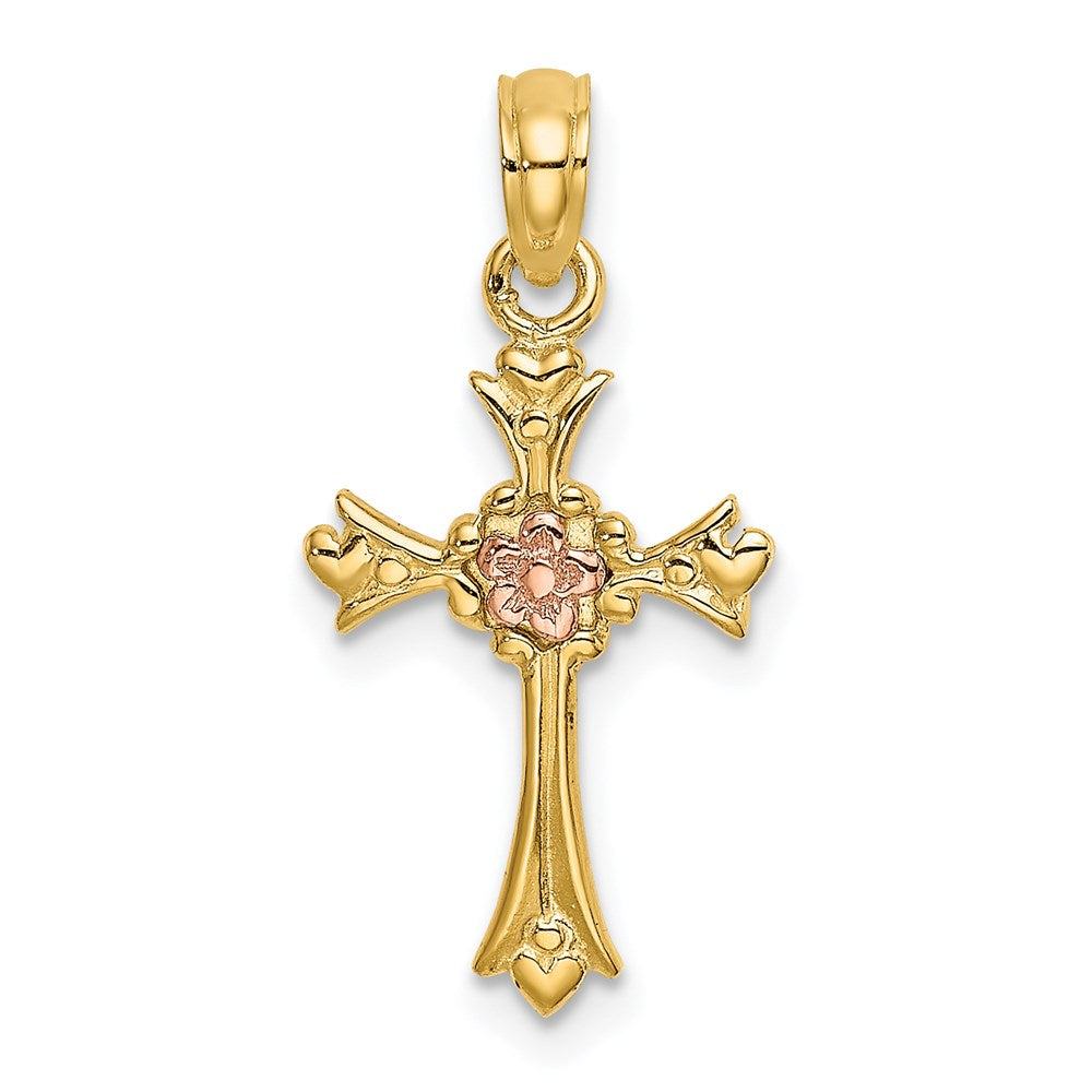 14K Two-Tone Cross W/ Flower Charm
